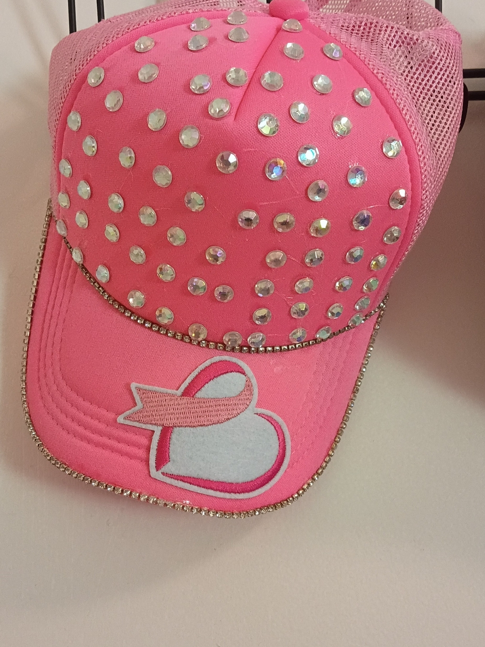 Pink Rhinestone Trucker Hat with Heart Ribbon Patch Cancer Awareness